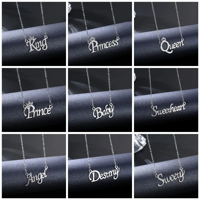 

50pcs/lot Women Stainless Steel Silver Color Lover Letter King Queen Pendant Chain Necklace Fashion Jewelry Gift Wholesale