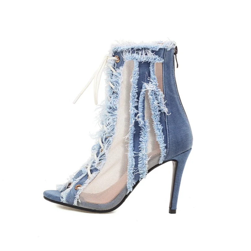

Denim Women Boots 2023 Lace Up Summer Peep Toe Thin High Heels Blue Stiletto Boots 40-46 Cool Boots With Breathable Mesh Sandals