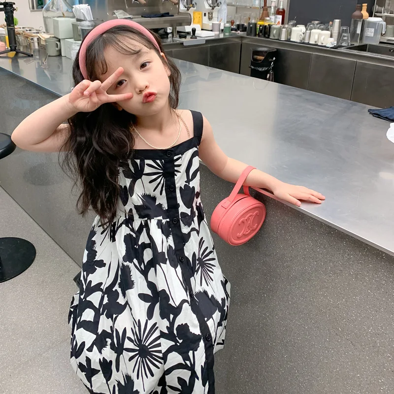 

2022 summer new children's clothing girls' ink painting dress children's thin foreign princess skirt cotton suspender skirt