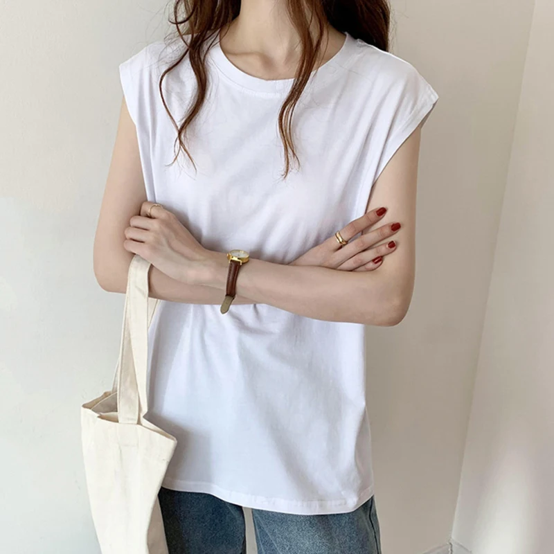 

2022 Summer Streetwear Women T-shirt Sleeveless Casual Loose White T Shirt Female Tshirts Fashion Top Tees Vest Top Outer Wear