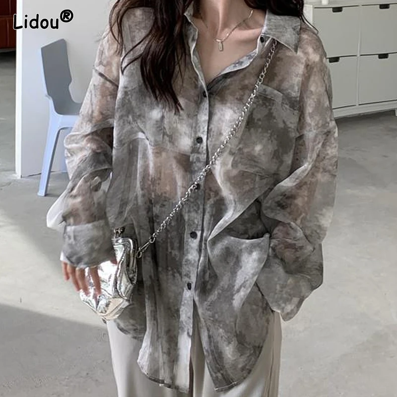 Thin Blouses Fashion Casual Korean Streetwear Tie Dye Printing Spring Summer Button Turn-down Collar Women's Clothing