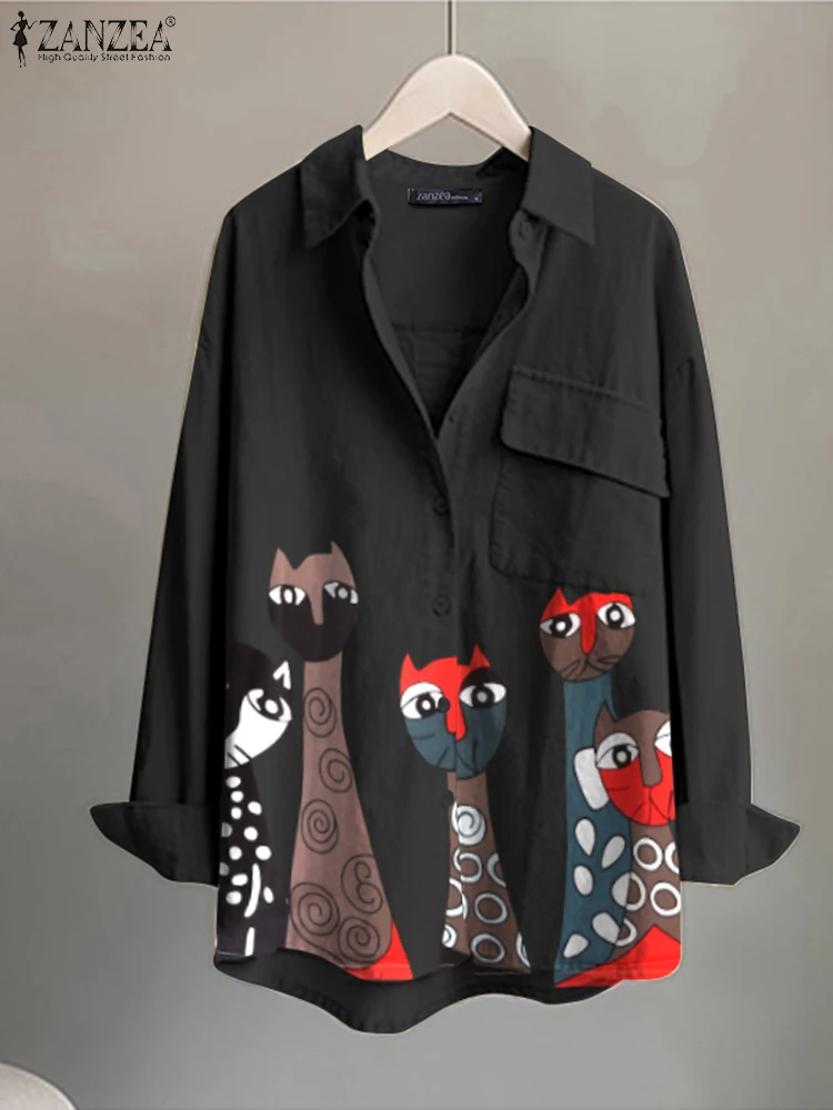 

Woman Summer Long Sleeve OL Tops Lapel Tunic ZANZEA Elegant Oversized Holiday Blusa Camisas 2022 Fashion Vintage Printed Blouse