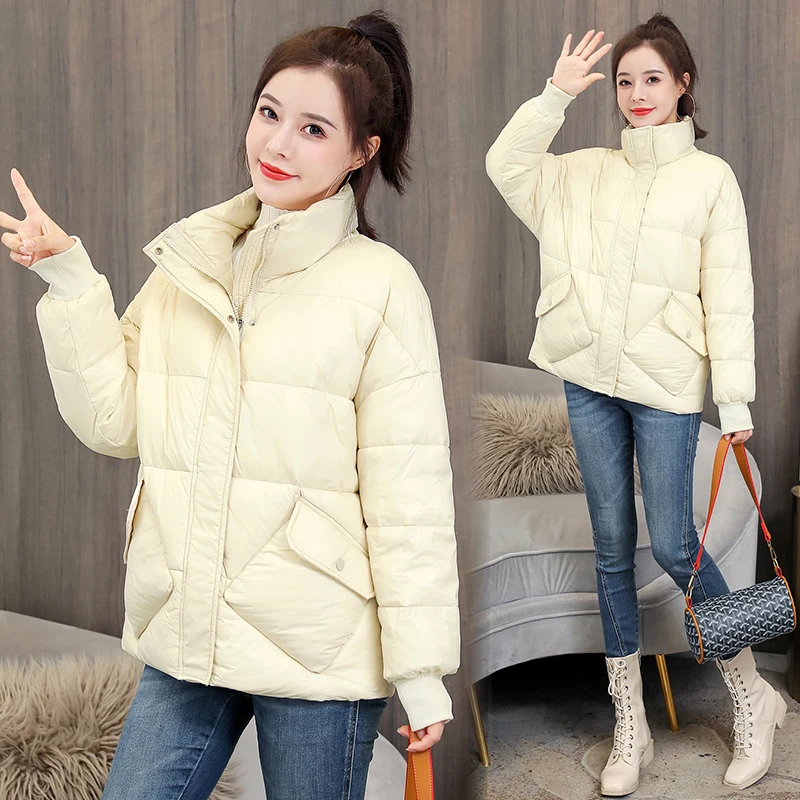 Women's short cotton coat 2022 winter Korean version stand collar loose long sleeve zipper light slim slim down jacket