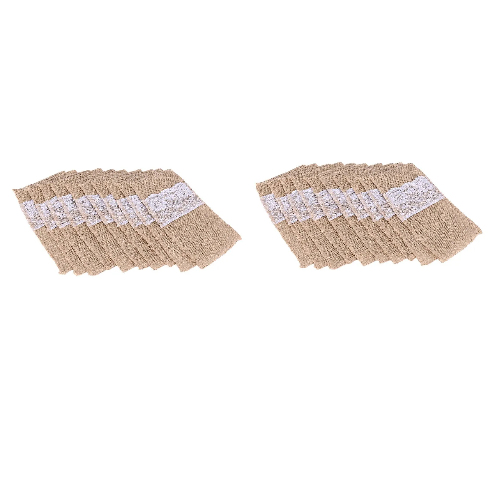 

100pcs Natural Jute Cutlery Knives and Forks Cutlery Set Silverware Bag Holder Burlap & Lace Party Wedding Decor 21x11cm