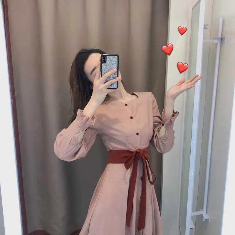

Women Fall French Vintage High Waist Fairy Pink Long Dress Long Sleeve Soild Square Collar Dress Mori Girl Temperament Dresses