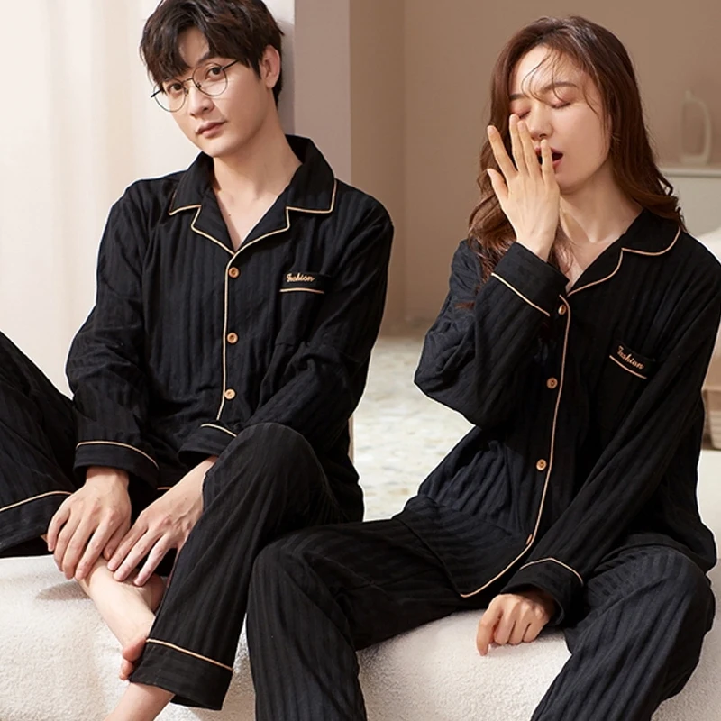 QUHENG Solid Color Sleepwear Cotton Pajamas Couple Set Long Buttons-Down Pyjamas Suit Pijama Women Men Loungewear Plus Size Set