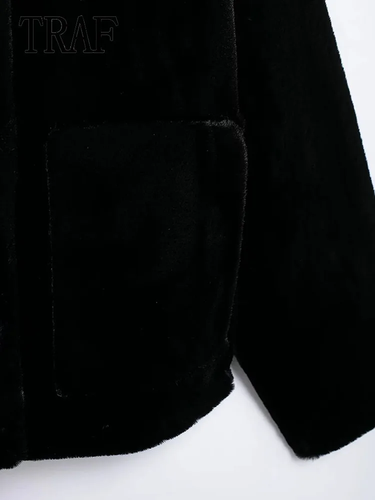 TRAF женские пушистые пальто осень-зима куртки с длинными рукавами новая верхняя