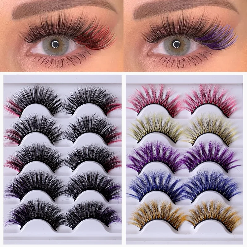 

New Arrival 5 Pairs Color Mink False Eyelashes Set Curly Crisscross Hand Made Messy 3D Fake Lashes Extensions