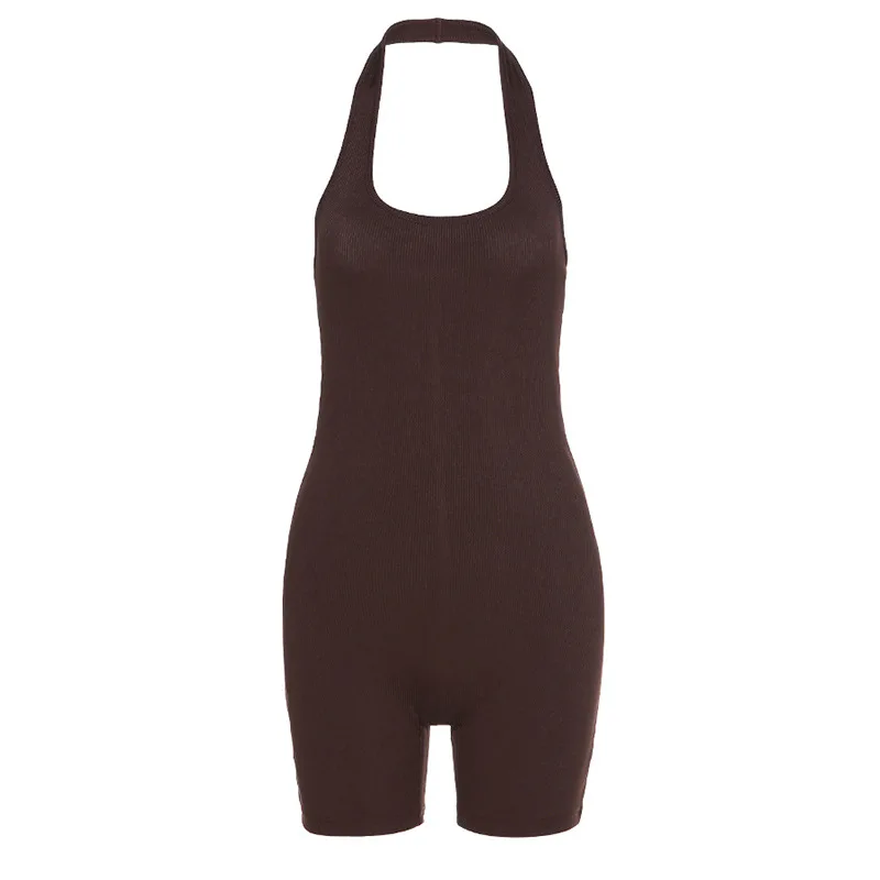 Europe and America Cross border 2023 New Spring Women's Solid Color Sexy Backless Hanging Neck Short Sports Playsuit