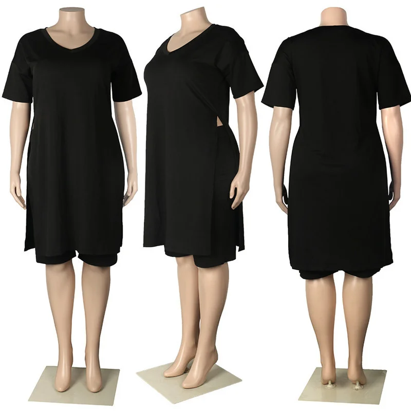 Plus Size Women Clothing Two Piece Set 4xl Summer Wholesale Dropshipping Slip Hemtop Shorts Suit Casual Track 3xl 4xl 5xl 6xl