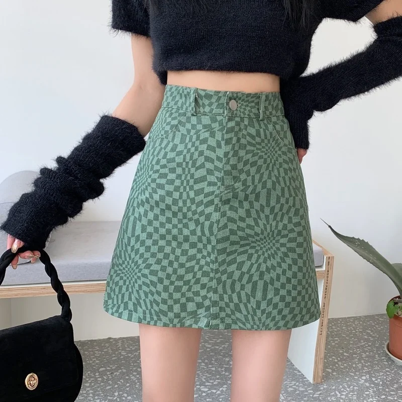 

Real Shot Abstract Plaid Denim Skirt Women's Spring 2022 New High Waist Thin Temperament All-match Skirt Trend