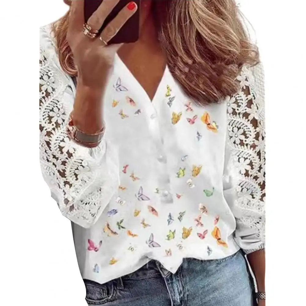 

Women V-neck Buttons Half Placket Shirt Hollow Out Jacquard See-through Lace Sleeve Solid Color Shirt Tops Workwear