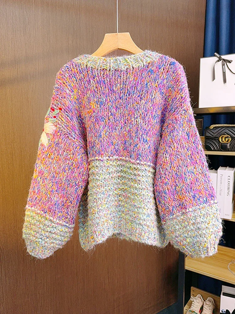 Джемпер с вышивкой крючком и цветком свитер круглым вырезом рукавами-фонариками