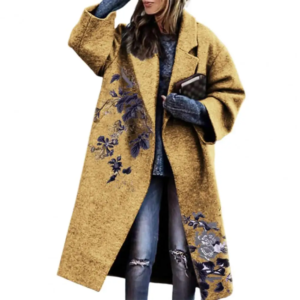

Colorful Lady Coat Turn-down Collar Vintage Style All Match Print Long Sleeve Winter Jacket