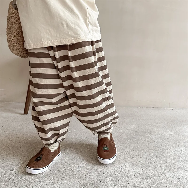 

Детские шаровары в полоску, весенние мягкие свободные повседневные брюки для мальчиков и девочек