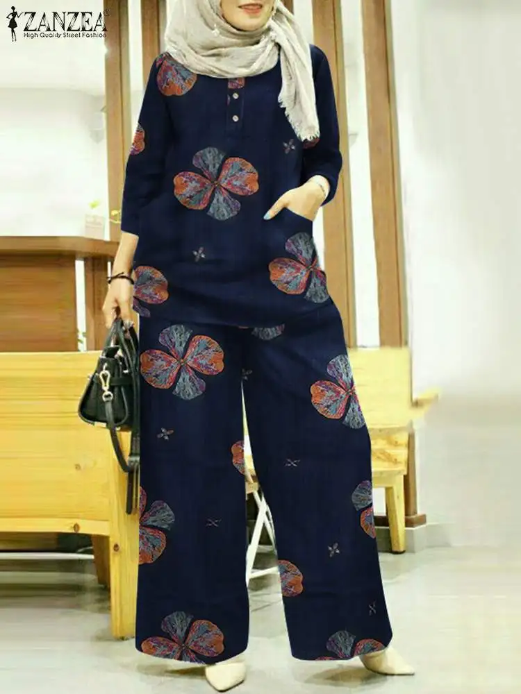 

ZANZEA Short Sleeve Floral print O-Neck Blouse Wide Leg Pant Abaya Kaftan Holiday Elegant Casual Set Women Spring Muslim Suit
