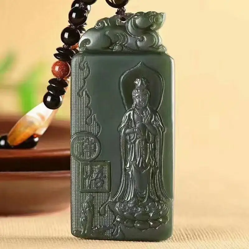 

Xinjiang Hetian jade sapphire double-sided enlightenment Pixiu Guanyin pendant jade exquisite Pixiu Pantou Zen