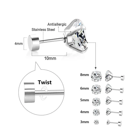 Luxusteel 1 çift/2pcs Paslanmaz çelik kristal çiviler kadınlar için küpeler 4 çatal tragus yuvarlak net kübik zirkonya kulak takı