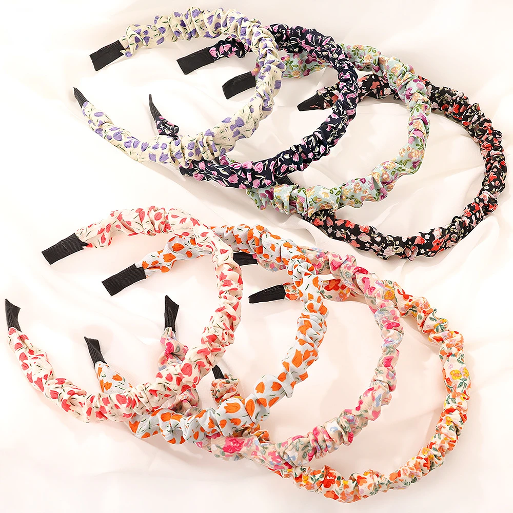 

Fashion Printing Floral Headband Wide Cross Women Hairband Flower Elastic pleated headband Bands thin Girls Hair Accessories