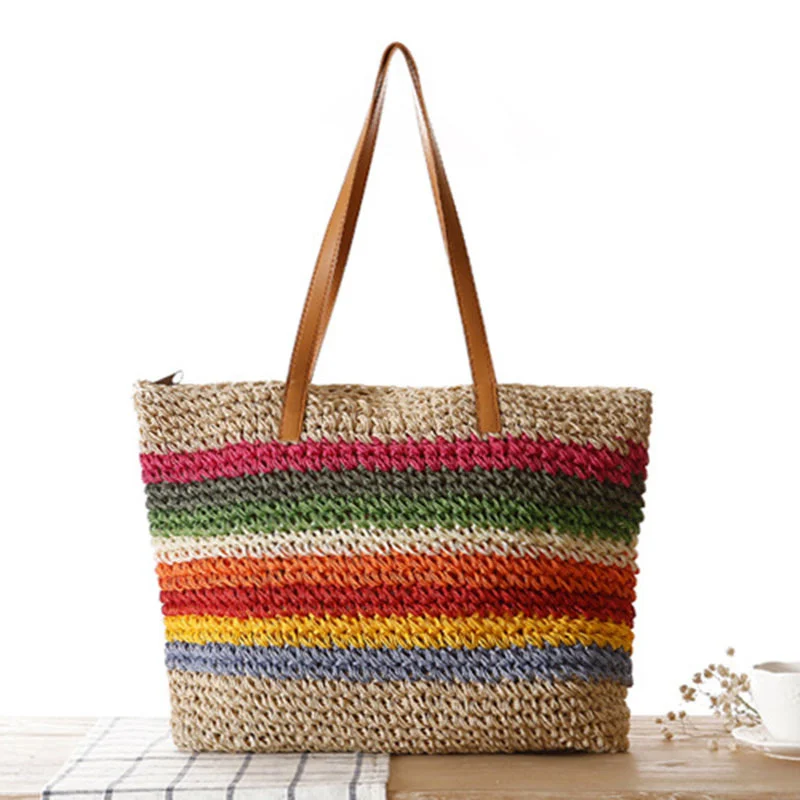 

Соломенная плетеная сумка на плечо с контрастной радужной полосой, пляжный саквояж Sen для женщин, удобная модная сумочка, простой чехол для создания атмосферы