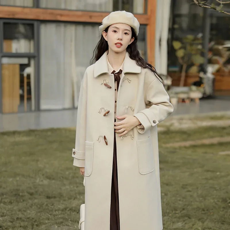 

Beige Woolen Jacket Women Autumn Winter Casual Lapel Long Coats Female Elegant Vintage Korean Fashion Loose Oversized Overcoat