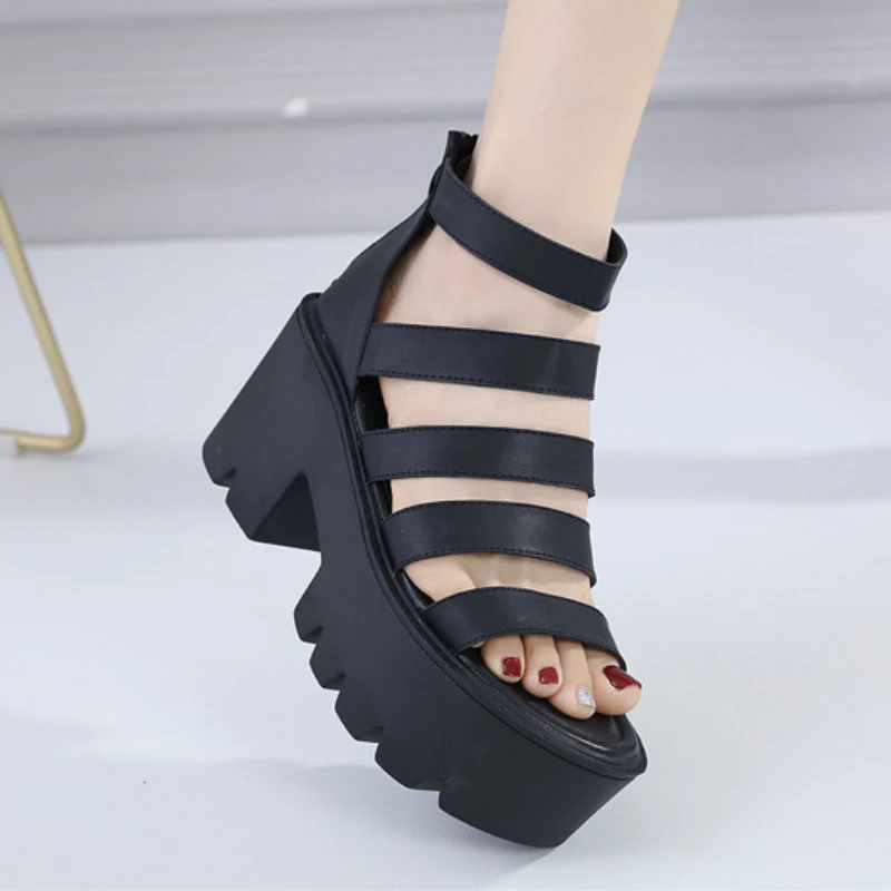 Women Leather Gladiator Sandals Black Block Heels Shoes Open Toe 2023 Summer Leisure Chunky Platform High Heel Roman Sandals