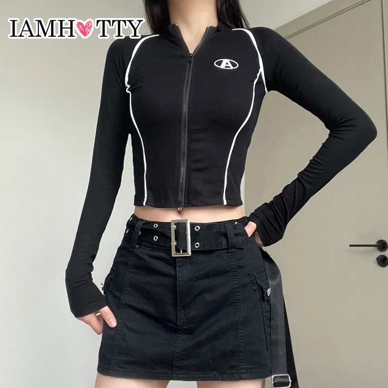 

IAMHOTTY Motorcycle Punk Style Contrast Casual Basic Jacket Women Bright Line Decoration Zipper Sweatshirts Slim Streetwear Fall