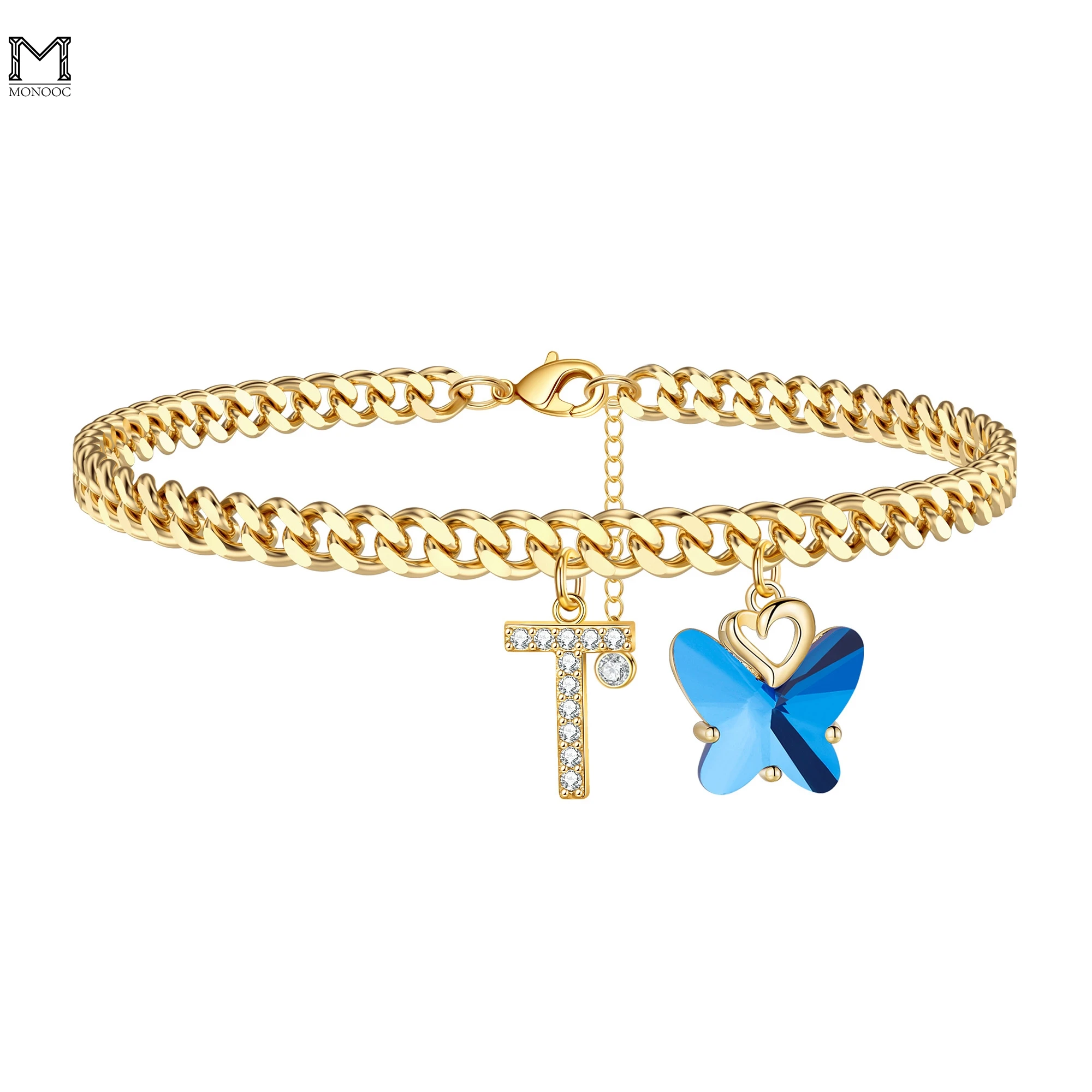 

MONOOC Bracelets 14k Gold Plated Initial Anklets for Women Cuban Link Anklets Beautiful Butterfly Charm Anklet Beach for Girls