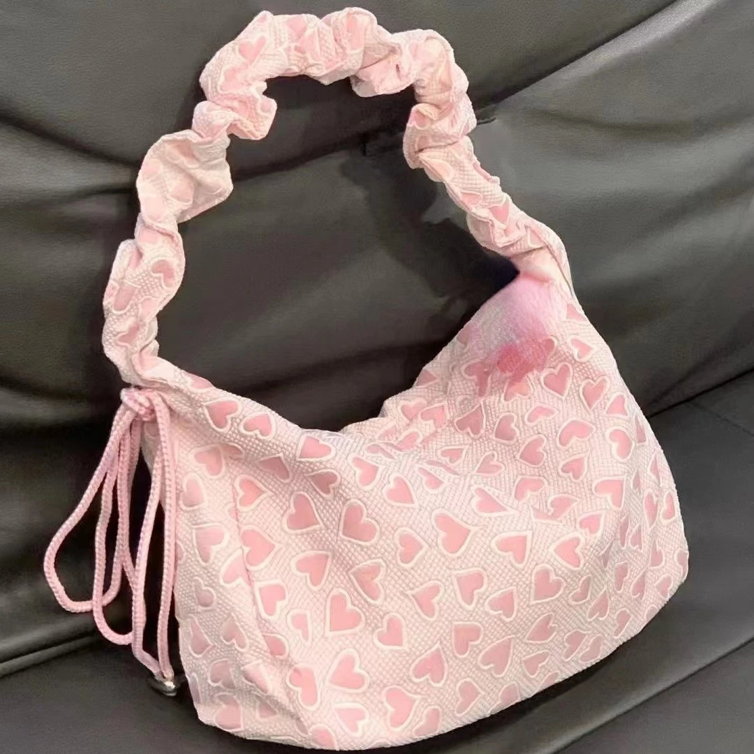 

Sweet Love Printed Women's Shoulder Bag Pink Large Capacity Folded College Girls Crossbody Bags Soft Fabric Female Handbags Tote