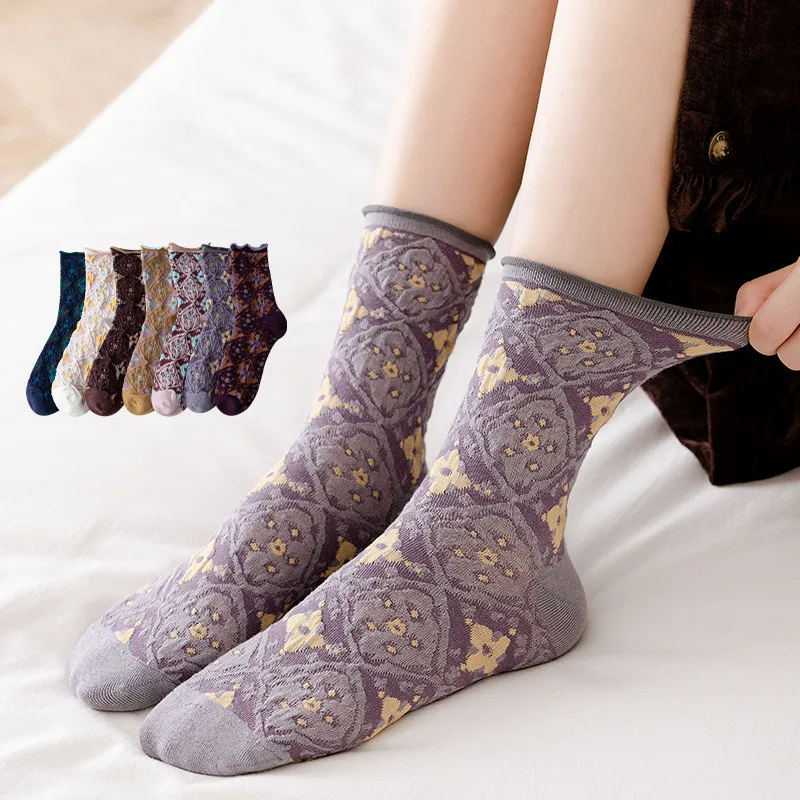 Винтажные женские носки, Этническая мода, тиснение, Harajuku, ретро, круглые носки, колледж Стиль, хлопковые дышащие школьные длинные носки для девочек