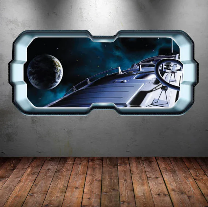 

SPACE WALL DECAL, Spacecraft Sticker, 3D Space Station Wall Art, Kids Room Decor, Vinyl Wall Decor, Porthole Galaxy Wall Decal,