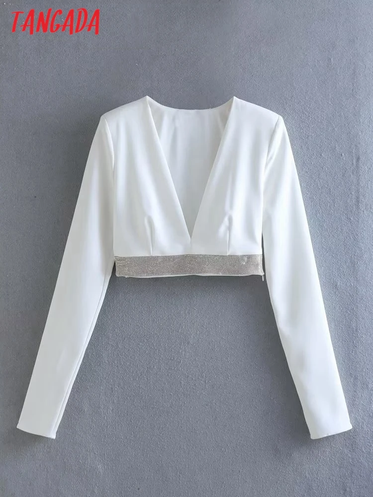 

Tangada Women 2022 White Beading Crop Shirt Long Sleeve Female Blouse Tops 6X83