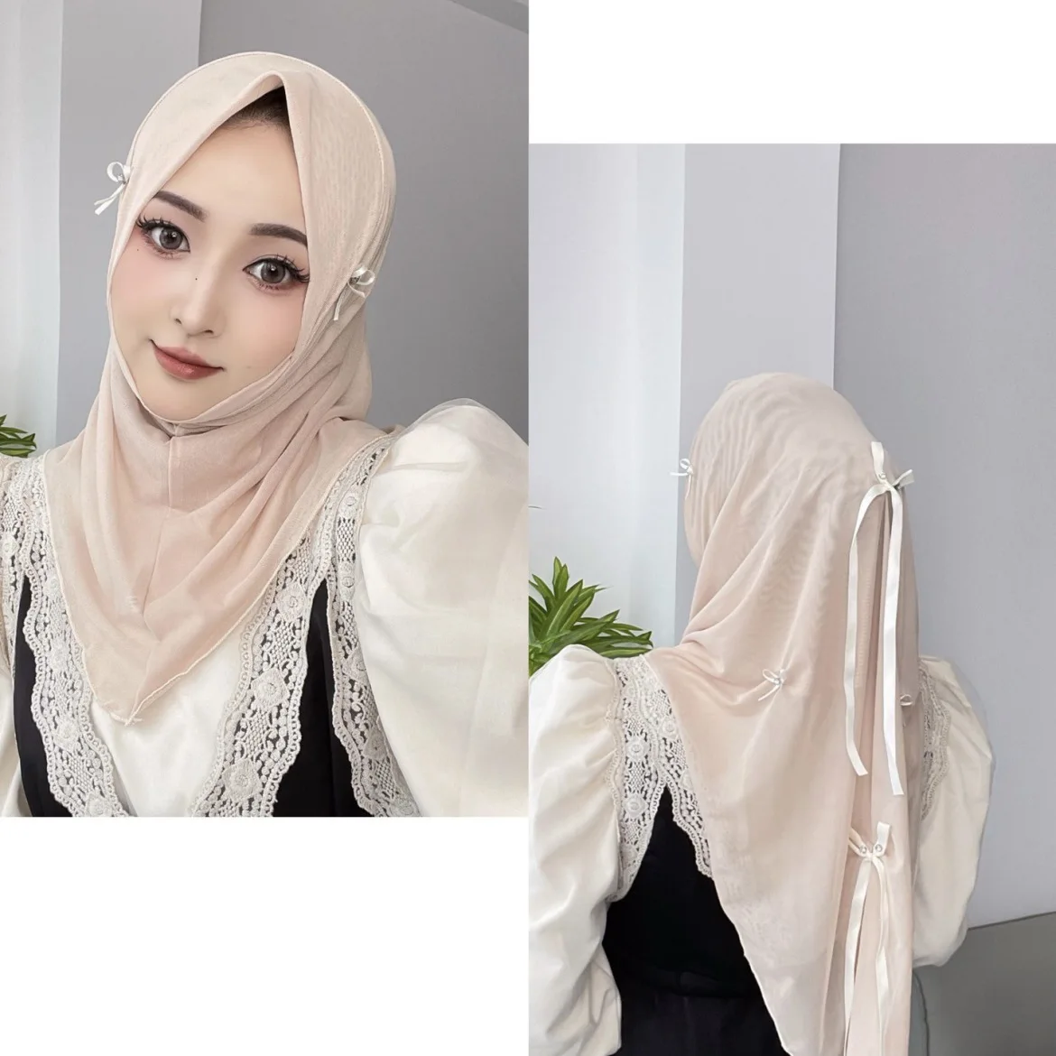 Мусульманский сетчатый хиджаб однотонный платок для женщин с бантом повязка на