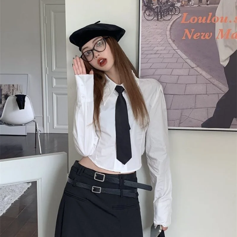 

HOUZHOU Elegant and Youth Women Blouses Preppy Korean Style Long Sleeve White Cropped Shirts Aesthetic Casual Fashion Clothes