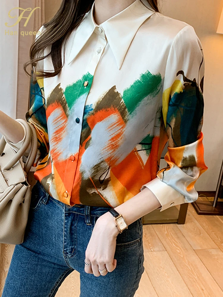 

H Хан королева Офисные женские туфли Blusa отложной воротник с винтажным принтом Новинка; футболки элегантные женские шифоновые Блузы с длинным рукавом Повседневные рубашки для мальчиков