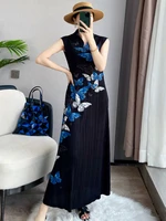 black printing pleated dress loose temperament elastic fabric v neck sleeveless folds dresses 2022 summer new fashion trend