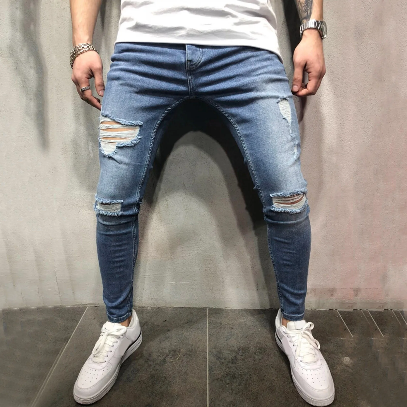 

Mens Fashion Casual Straight Hole Buckle Zipper Denim Long Pants Trousers