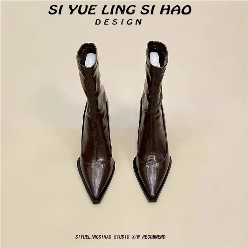 Женские полусапожки на высоком каблуке элегантные с острым носком размер 35-39