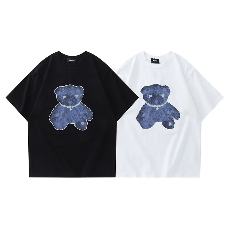 

ERIS BLACK INS the new we11 prosperous bear printed 3 m reflective round collar men and women lovers t-shirts with short sleeves