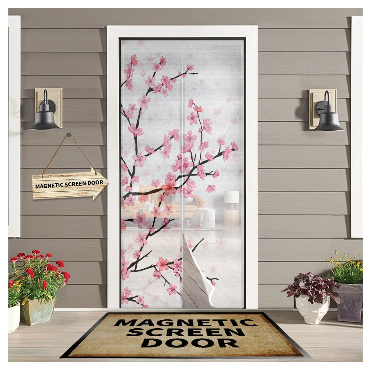 

Весенняя занавеска на дверь с цветком вишни, комнатная занавеска на окно с Москитными насекомыми, магнитная дверная сетка для кухонного окн...