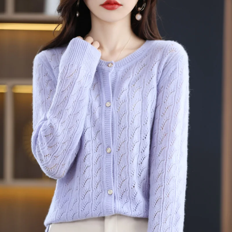 

Весенне-осенний кардиган из 100% шерсти с вырезами женская рубашка с круглым вырезом кашемировый свитер трикотажная верхняя рубашка