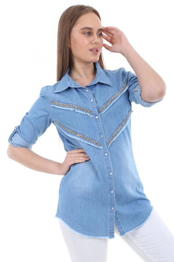 ŞERİTLERİ STONE DETAILED JEANS SHIRT 2021 Spring autumn women's shirt blouse street shirt new simple office lady long sleeve blouse