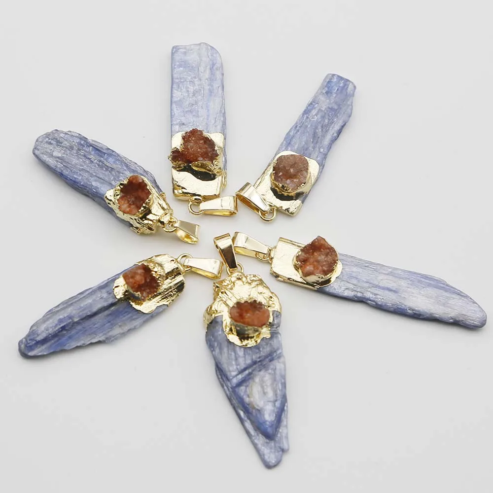 New Natural Raw Stone Blue Crystal Strip Pendant Irregular Orange Agate Necklace Charm Fashion Jewelry Accessories Wholesale8Pcs