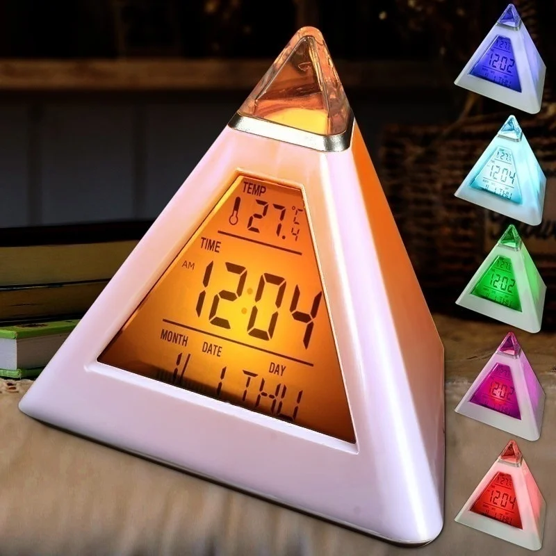 

Digital LED Alarm Clock 7 Colors Changing Temperature Night Light Time Display Pyramid Shape Home Alarm Clocks