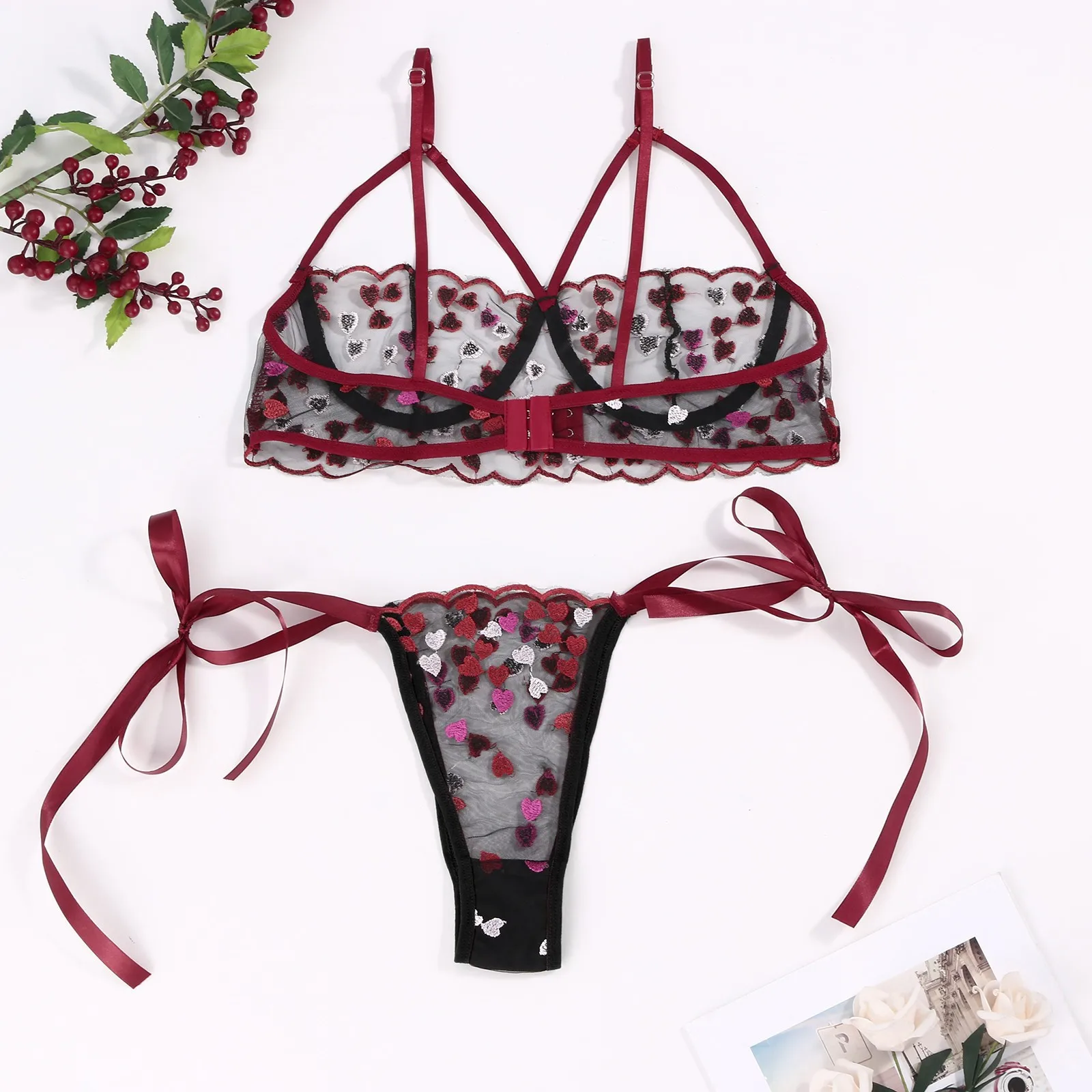 

Бюстгальтер с вышивкой Love, стринги, набор, пижама, прозрачное кружевное нижнее Белье, женское Сексуальное Белье