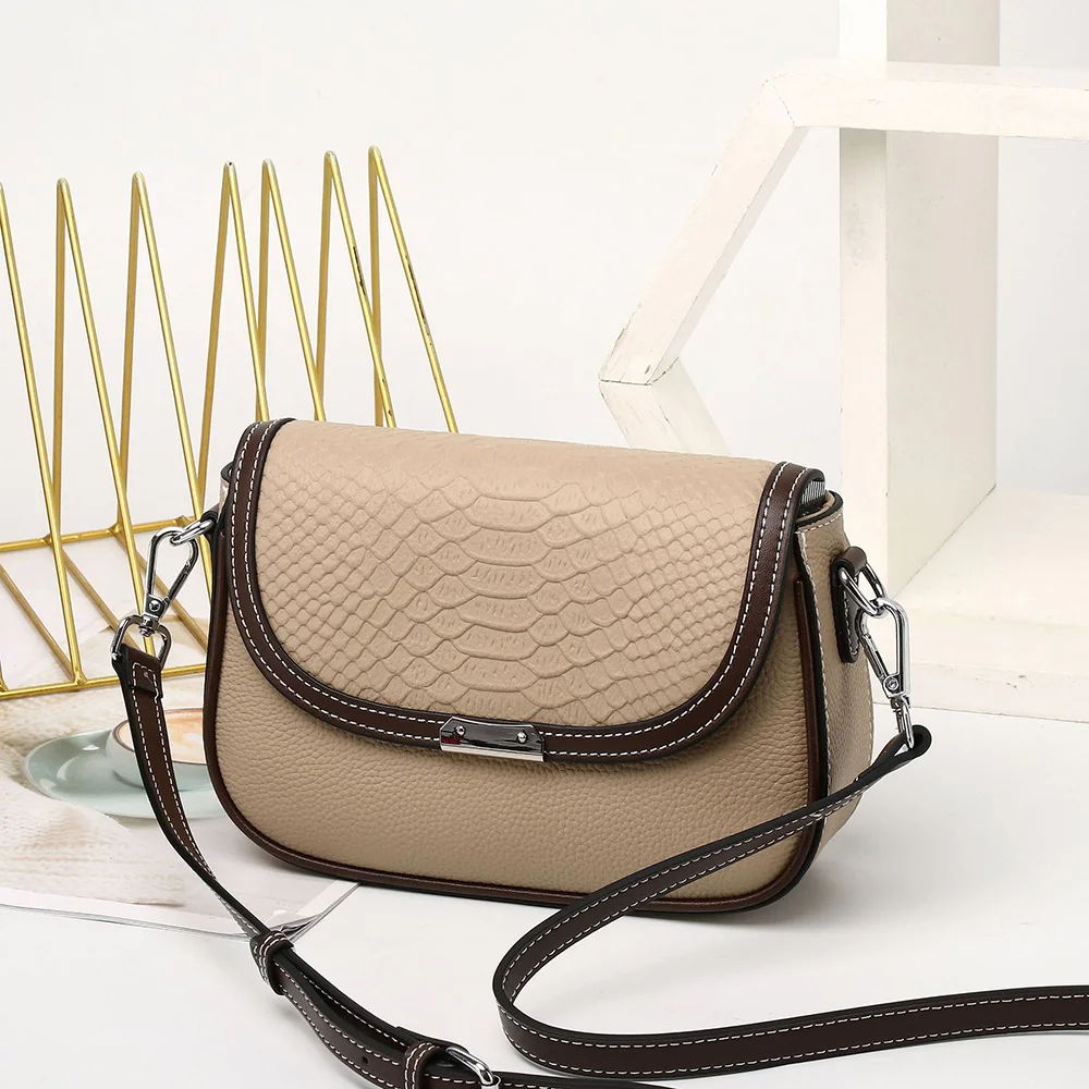 

2023 Fashion Snake Embossed Shoulder Bag Small Women Genuine Leather Handbags Brand Design Cowhide Crossbody Saddle Bags Purse