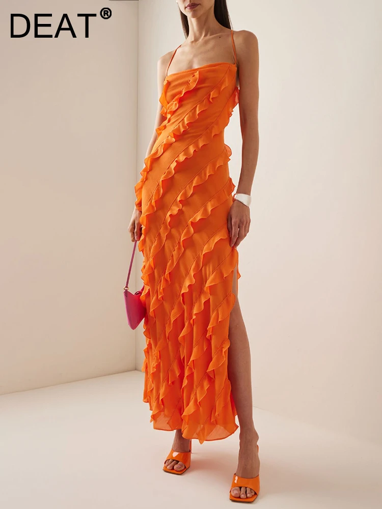 

DEAT Fashion Women's Dress Strapless Spaghetti Strap Backless Ruffles Solid Color Floor-length Dresses Summer 2023 New 17A9932