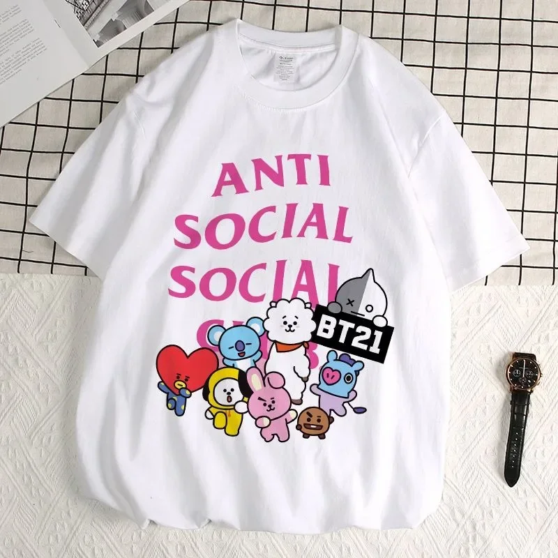 Фото Футболки с принтом BT21 в стиле аниме, милые повседневные удобные футболки с принтом, черные и белые топы, унисекс, подарки ﻿ №5