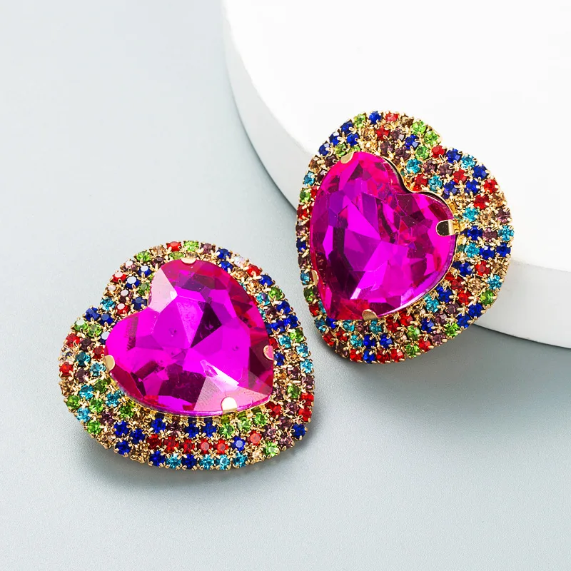 

Full Rhinestone Romantic Heart Shape Fuchsia Stud Earrings for Women Bridal Anniversary Wedding Crystal Fashion Stud Earrings