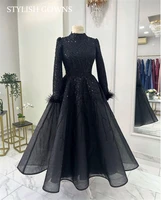 black high neck evening dress beaded muslim prom dresses full sleeve moroccan caftan feathers formal party ball gown robe de